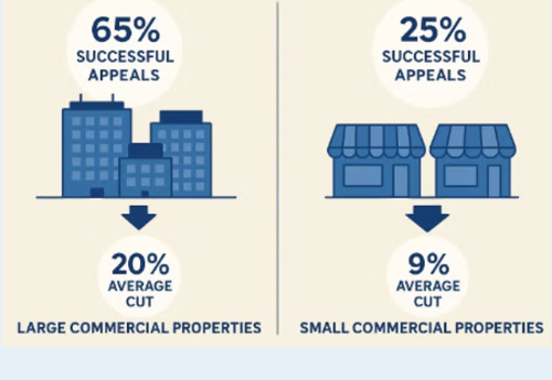 65% successful appeals, 20% average cut for large commercial properties. 25% successful appeals, 9% average cut for small commercial properties.