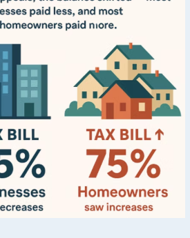 After appeals, the balance shifted — most businesses paid less, most homeowners paid more. Tax bill: 75% of businesses saw decreases, 75% of homeowners saw increases.